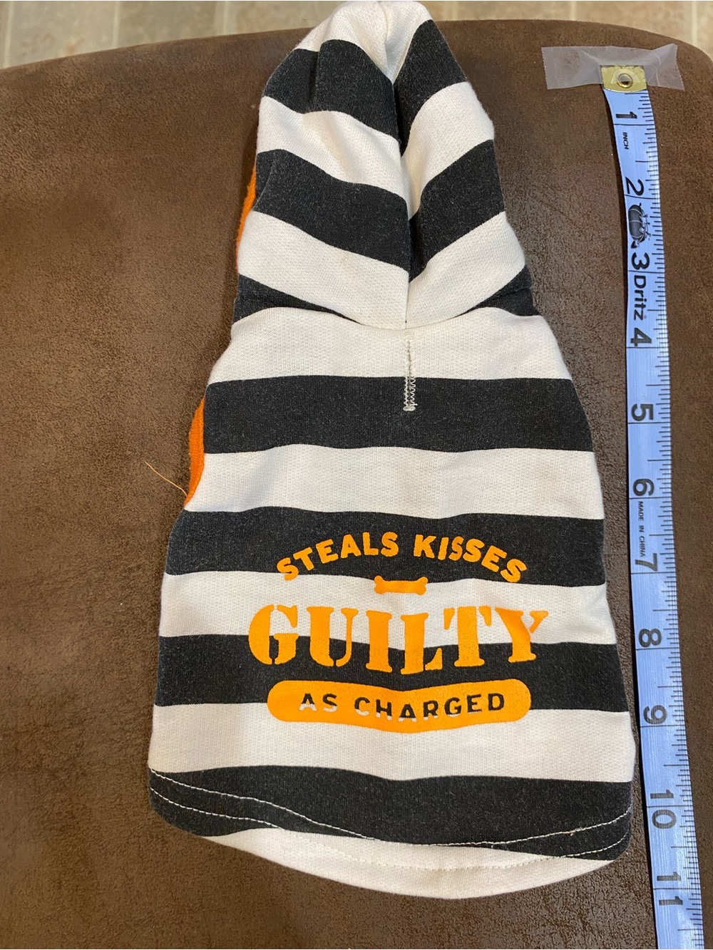Martha Stewart Black & White Striped Dog Hoodie with Orange "Guilty" Graphic